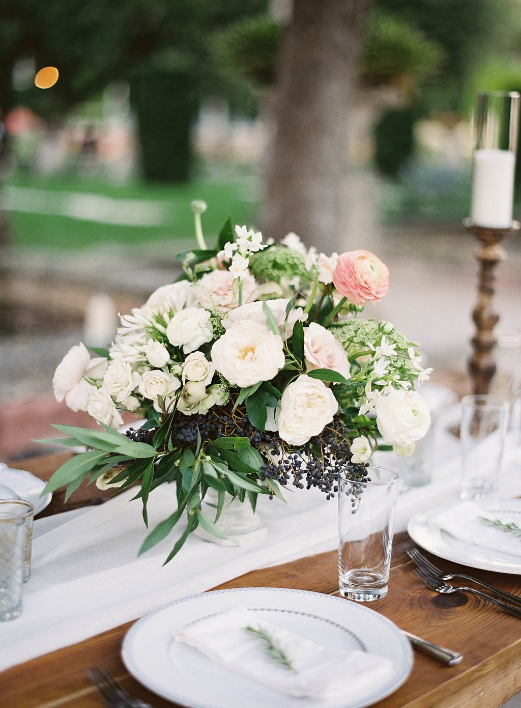 White & Blush Centerpiece on White Runner