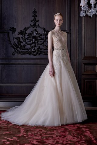 Monique Lhuillier Spring/Summer 2016 Collection fit-and-flare-gown-with-tulle-skirt-and-plunging-neckline