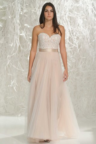 "Catherine" by Wtoo Brides wtoo-brides-2016-strapless-blush-wedding-dress-with-sweetheart-neckline-lace-bodice-and-pink-skirt
