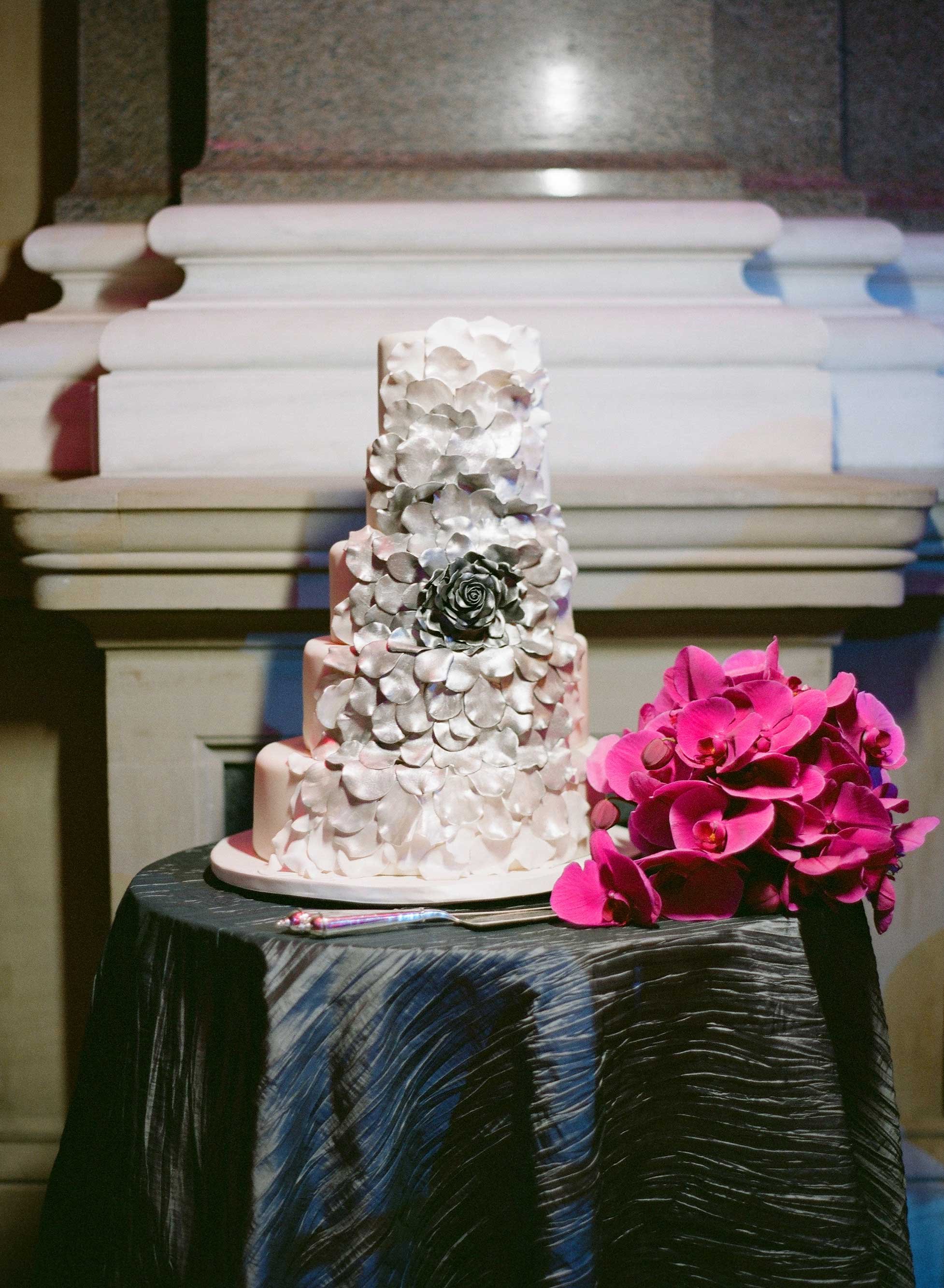 Silver Wedding Cake with Flower Petals