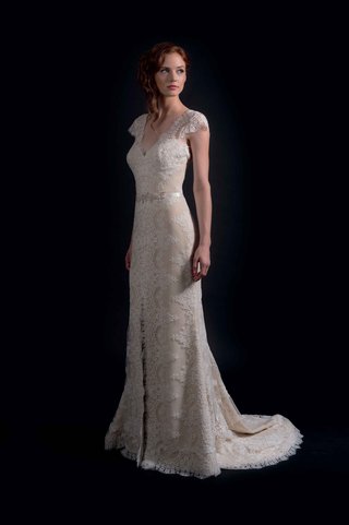 "Alex" by Modern Trousseau Fall 2016 modern-trousseau-fall-2016-lace-cap-sleeve-wedding-dress-with-slit