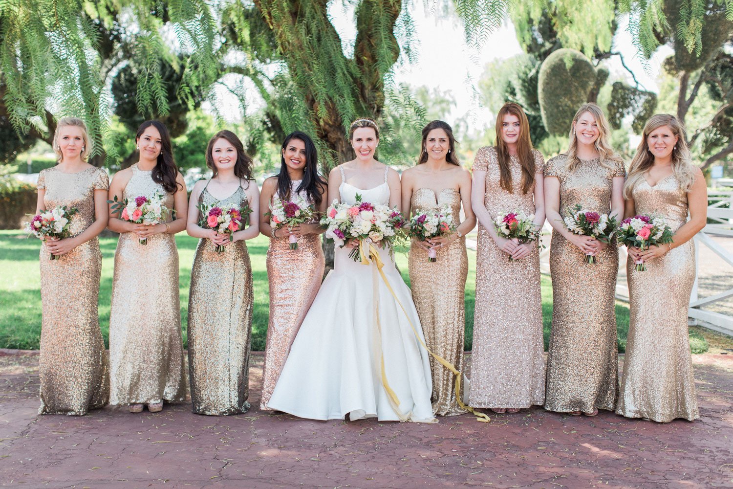 Bridesmaids in Mismatched Gold Gowns