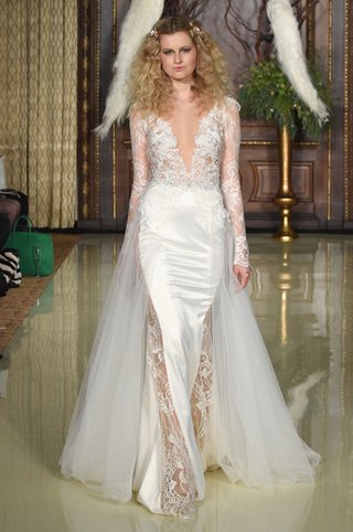 Wedding Dress by Galia Lahav v-neck-lace-bodice-with-long-sleeves-and-satin-skirt-by-galia-lahav