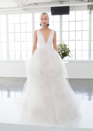 Deep V-Neckline Gown, Tulle Skirt by Marchesa Bridal marchesa-bridal-spring-summer-2018-ball-gown-deep-v-neckline-layered-tulle-skirt