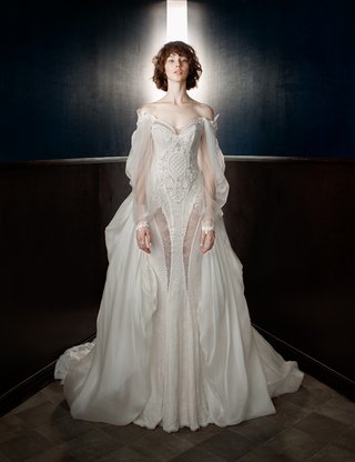 "Thelma" with "Ossie" Train by Galia Lahav galia-lahav-spring-2018-victorian-corseted-sheer-back-lace-off-the-shoulder-tulle-ossie-train-silk