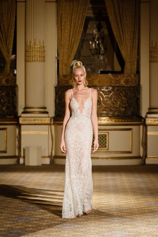 Strapped Sheath Gown, Plunging Neckline by Berta berta-spring-summer-2018-long-embellished-sheath-plunging-neckline-straps-illusion-details-beads
